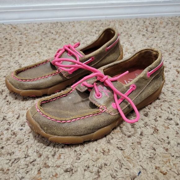 Twisted X Kid's Brown and Pink Breast Cancer Awareness Leather Moccasins Size 2 - Picture 2 of 6
